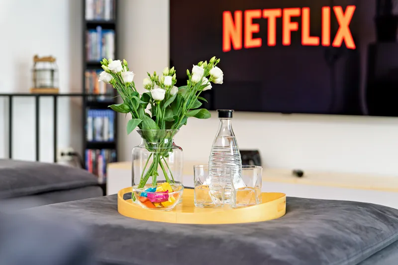Heller Wohnbereich im Industrial-Loft mit Sofa und Smart-TV