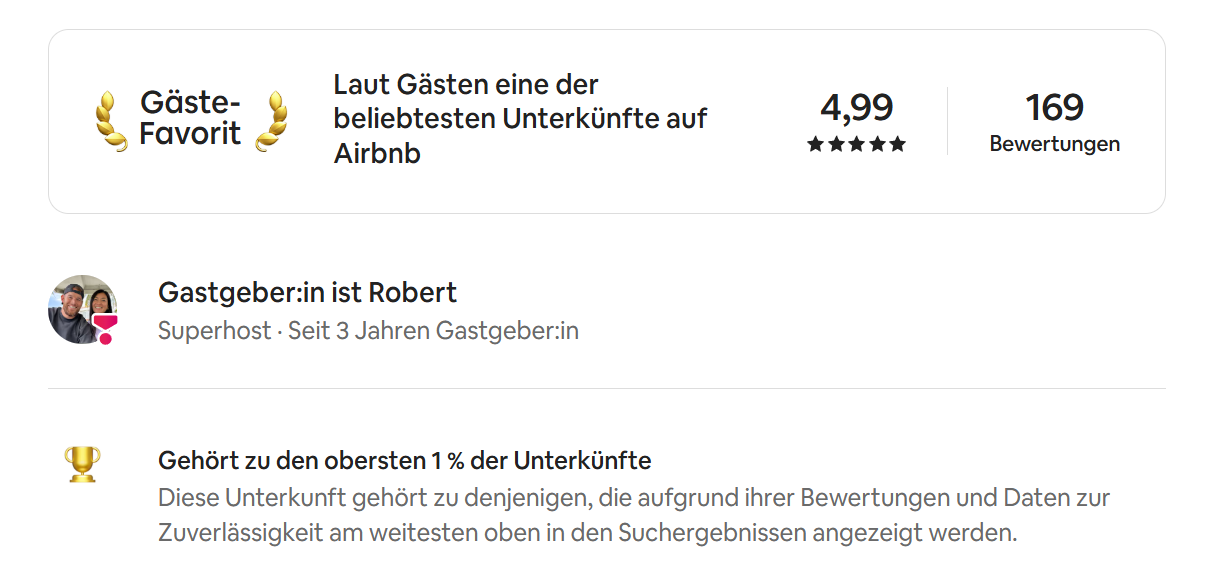 Superhost Profil mit 4.99 Sternen und 169 Bewertungen